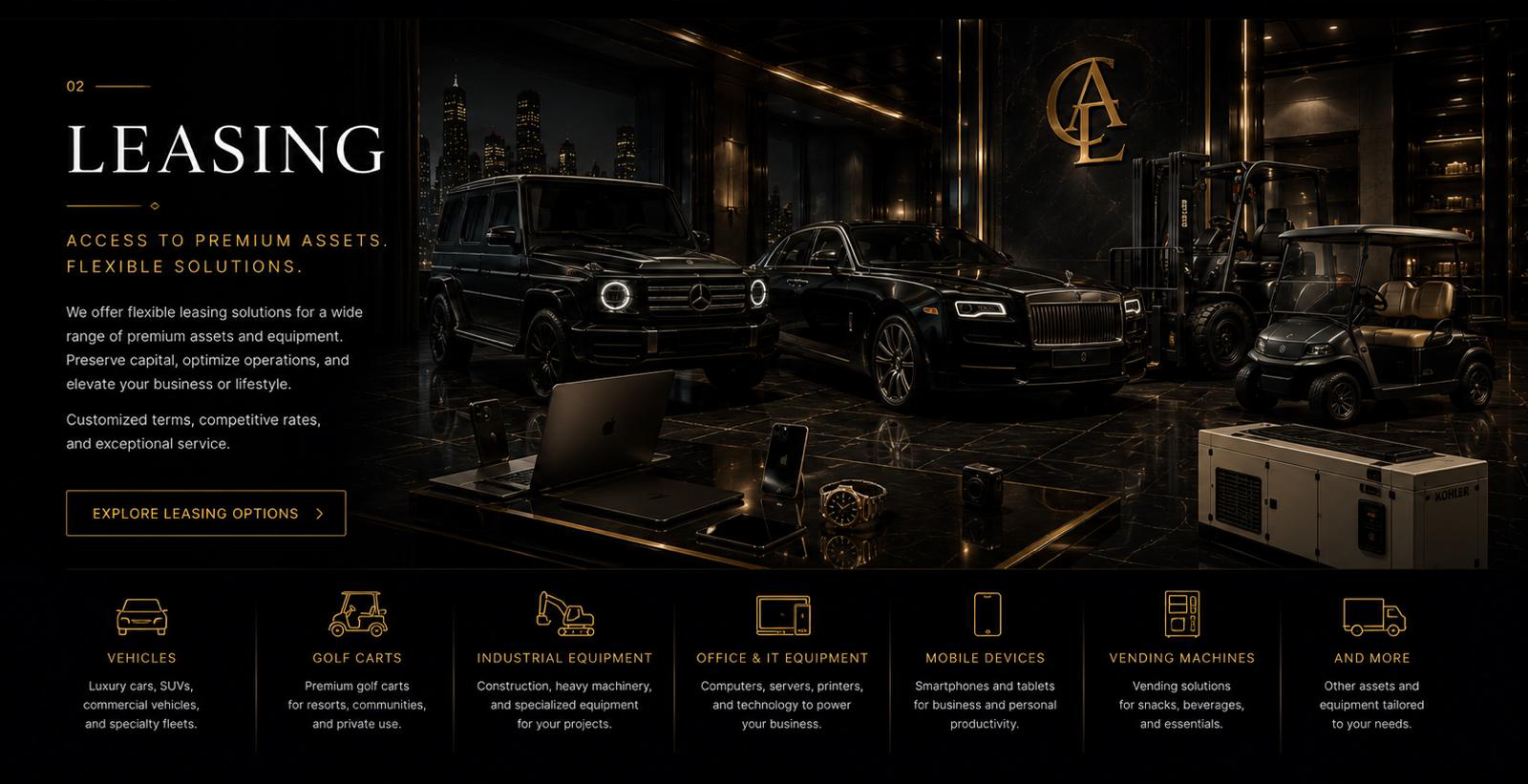Leasing screen — vehicle fleet, equipment, leasing category grid