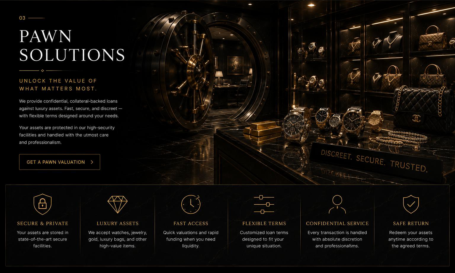 Pawn screen — vault interior, watches, handbags, bullion