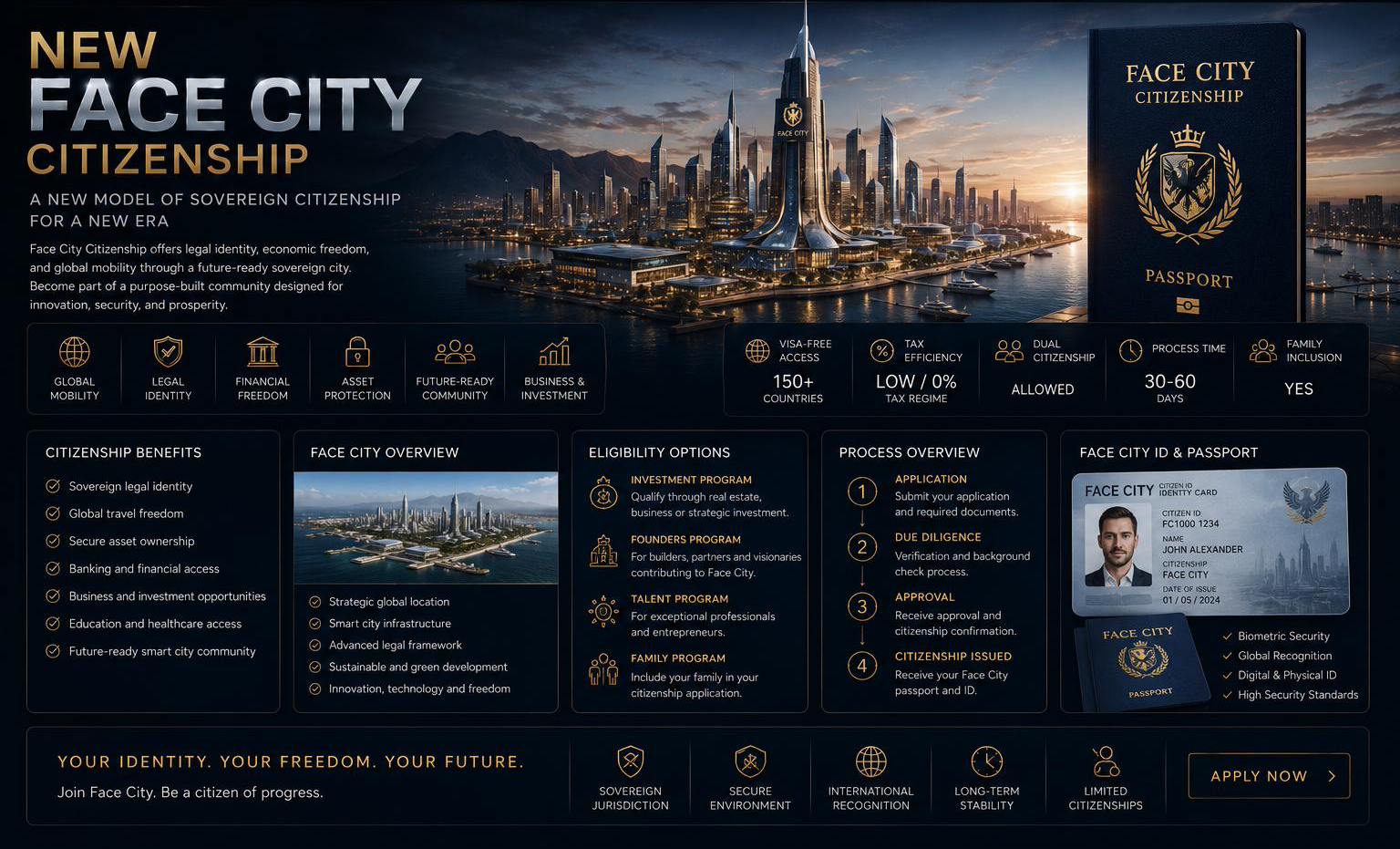 Face City citizenship — skyline, passport, program benefits